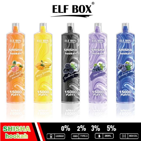 Elf Kutusu 15000 Puflar Tek Kullanımlık Vape Mesh Bobin 600mAh Tip-C Tip 26ml Önceden doldurulmuş Pod 12% 2% 3% 5% 5 yağ vs vapme shisha nargile 15k