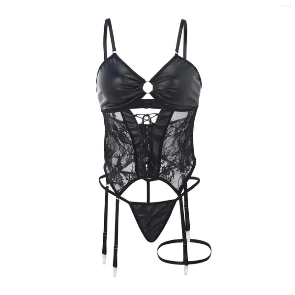 Conjuntos de sutiãs lingerie conjunto para mulheres látex couro teddy bodysuit sexy corte fora do ombro roupa interior trajes eróticos babydoll