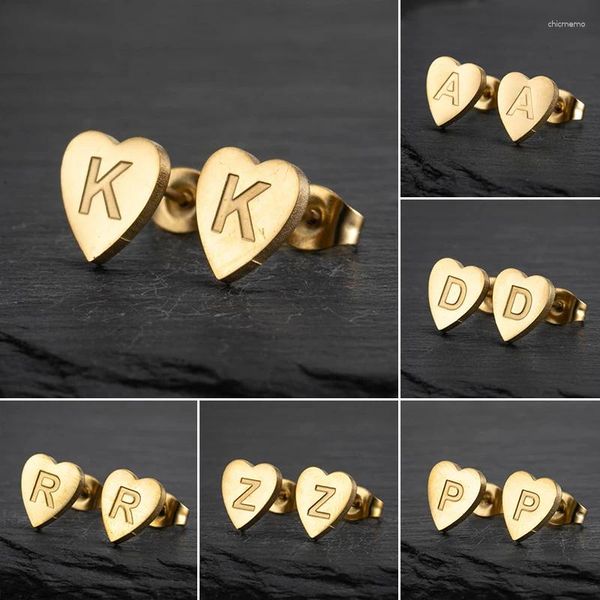 Brincos de parafuso prisioneiro pequeno coração aço inoxidável A-Z letra inicial para mulher personalizar 26 nome do alfabeto brincos namorada jóias presentes