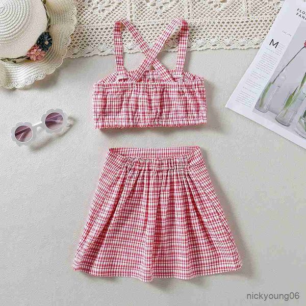 Conjuntos de roupas de verão novas meninas conjuntos de roupas grande arco nó xadrez estilingue + saia xadrez roupas da moda do bebê terno meninas moda crianças outfit
