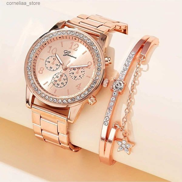 Altri orologi 1pc puntatore rotondo cinturino in lega al quarzo elettronico 1pc braccialetto con strass stella Y240316