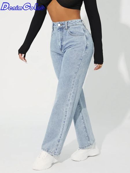 Denimcolab Прямые джинсы с высокой талией, женские простые стильные повседневные хлопковые джинсовые брюки, женские свободные уличные джинсы 240301