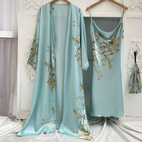 Sleepwear Print 2pcs Robe Sleep Terne feminino Bridal Kimono Bathrobe Lingerie Lingerie Cetin Vneck Sleepwear Strap Nightgown Loungewear