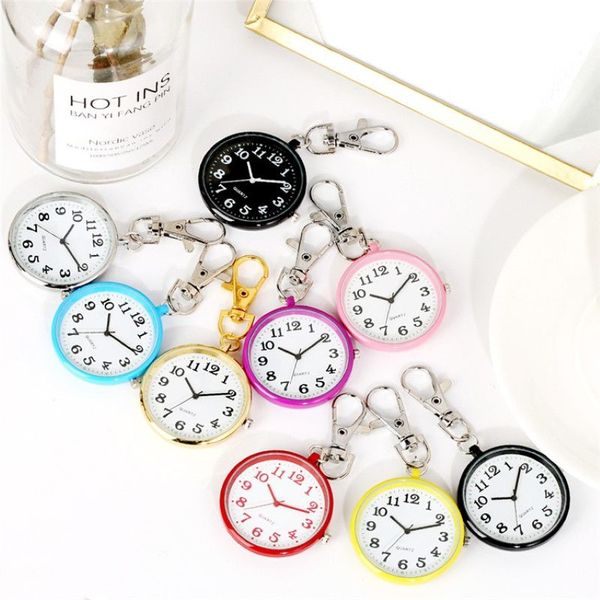 Multicolorido mini caso redondo enfermeira relógio de bolso feminino senhora menina quartzo pingente relógios número árabe mostrador luminoso chaveiro clock292z