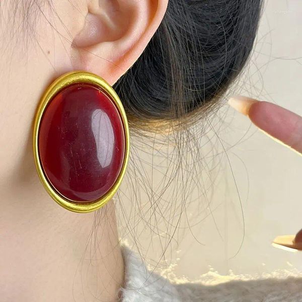 Orecchini a bottone vintage esagerati in resina rosso vino geometrico ovale grande per donne accessori di gioielli pesanti unici e robusti per feste