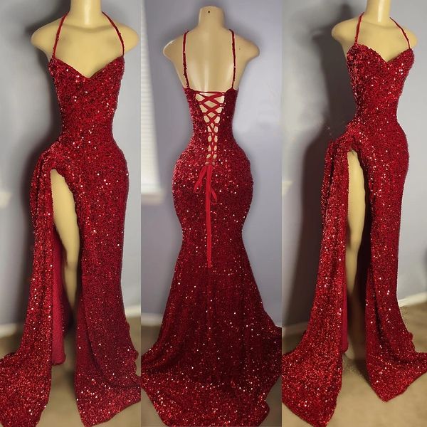 Abito da ballo rosso scuro scintillante per ragazza nera Spacco alto Halter senza maniche Paillettes Sirena Abiti da sera formali per compleanno Robe De Soiree Custom Made