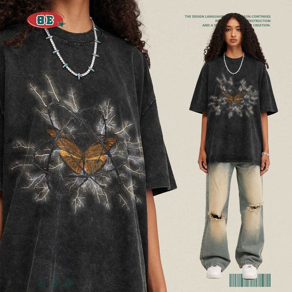 Be Mens Wear Trendy Brand Washed Old Thorn Print Butterfly T-Shirt Kurzarm Loose Hiphop