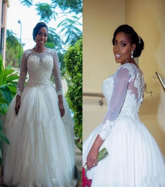 Abiti da sposa africani in pizzo a maniche lunghe taglie forti Abito da sposa elegante con applicazioni di perline Abiti da sposa arabi gonfi Abiti personalizzati7133098