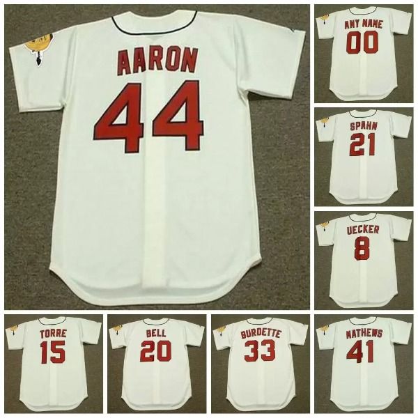 Vintage Baseball Trikot 21 Warren Spahn 8 Bob Uecker 15 Joe Torre 1960er Jahre 20 Gus Bell 33 Lew Burdette 41 Eddie Mathews 44 Hank Aaron Männer Frauen Jugend