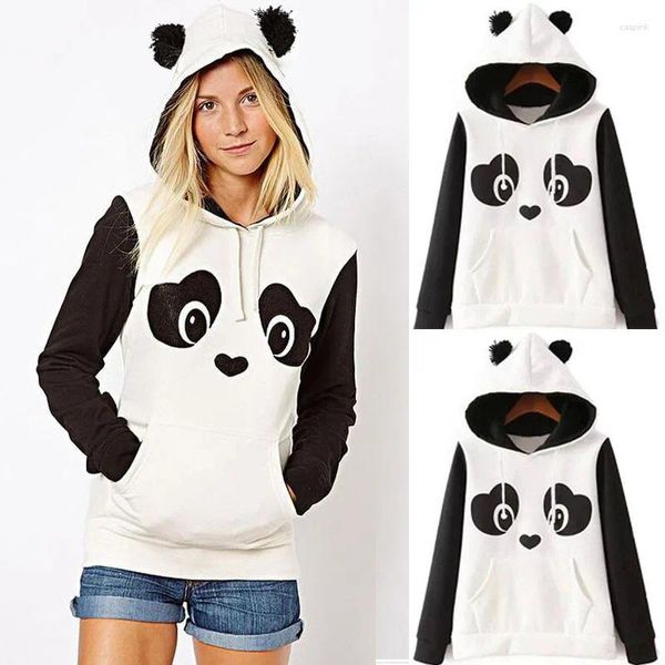 Hoodies femininos hippie fofo brincalhão panda estampado velo preto e branco contraste suéter feminino no outono inverno.