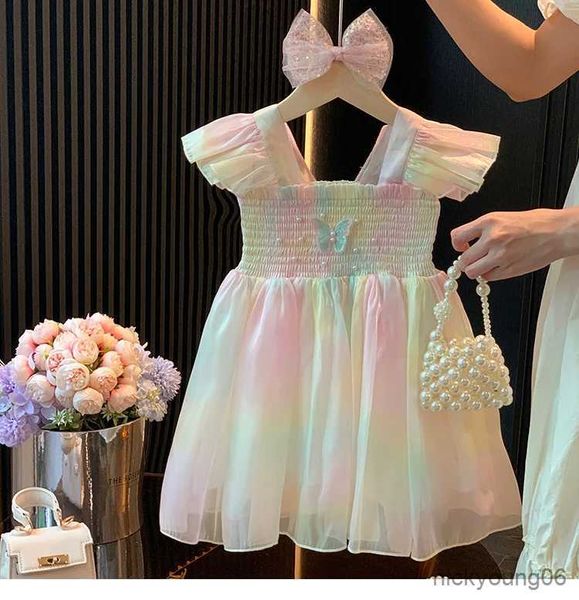 Conjuntos de roupas 2024 novas crianças meninas arco-íris asas vestidos de princesa bebê meninas vestido sem mangas