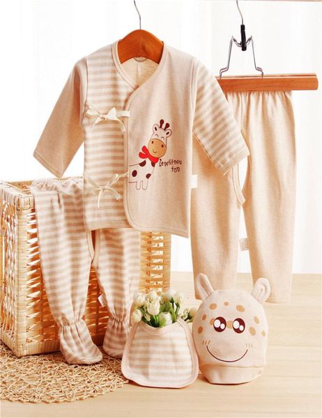 5pcs Conjunto recém -nascido Layette colorido Cotton orgânico Baby meninos roupas Solid Striped Baby Clothes Inc 1 Top 2 calças 1 babador e 1 hat8488350