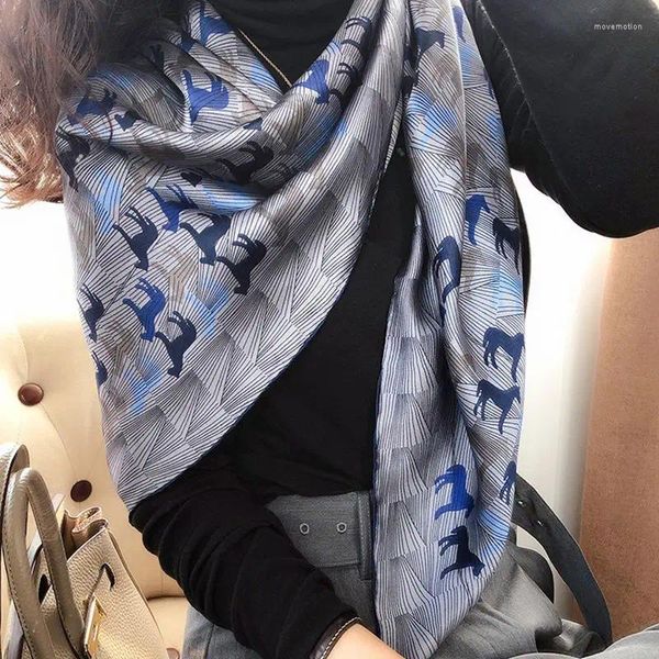 Sciarpe Cavallo blu Orlo a rullo a mano Sciarpa di seta quadrata Sciarpe di gelso puro Sciarpe di raso Fazzoletto da collo Avvolgere i capelli Foulard femminile 110 cm