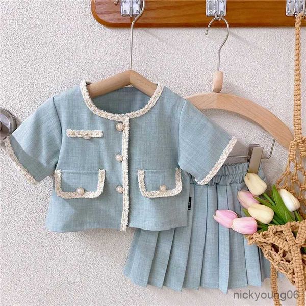 Kleidungssets 2023 Frühling Sommer Neue Mädchen Kleidung Set Nette Taste Kurzarm Top und Falten Rock 2 stücke Mädchen Mode Baby kinder Outfit