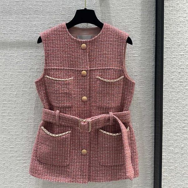 Gilet da donna Donna Primavera Estate Misto lana O-Collo Tasche con fasce Tasche monopetto Senza maniche Abiti vintage dolci e sottili femminili