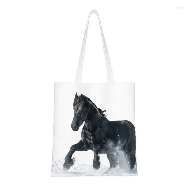 Sacos de compras Kawaii Elegante Frisian Horse Tote Bag Reutilizável Amante de Compras Canvas Ombro Shopper