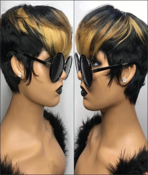 Ombre sarışın renkli kısa dalgalı bob pixie kesim peruk tam makine yapımı dantel olmayan ön insan saç perukları siyah kadın için 6469559