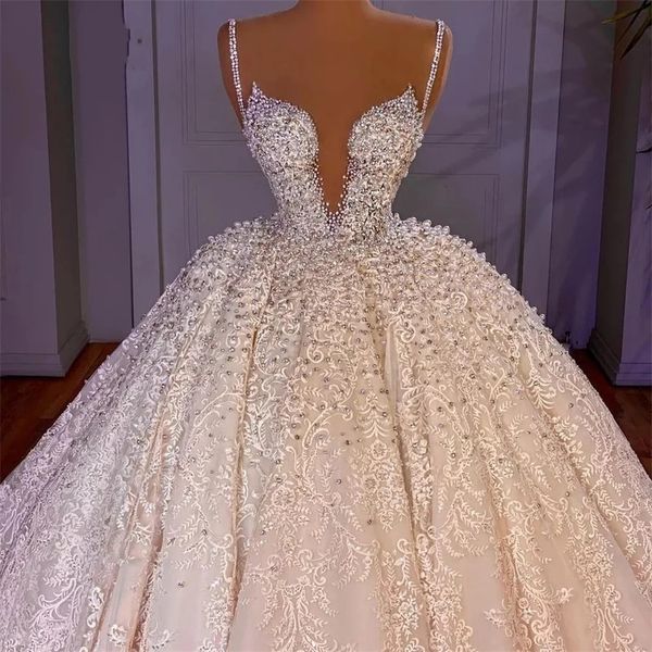 Wunderschönes Ballkleid-Hochzeitskleid 2024 Puffy Tüll Spitze Perlen Kristallperlen Langes formales Luxus-Brautkleid nach Maß Vestidos De Novias