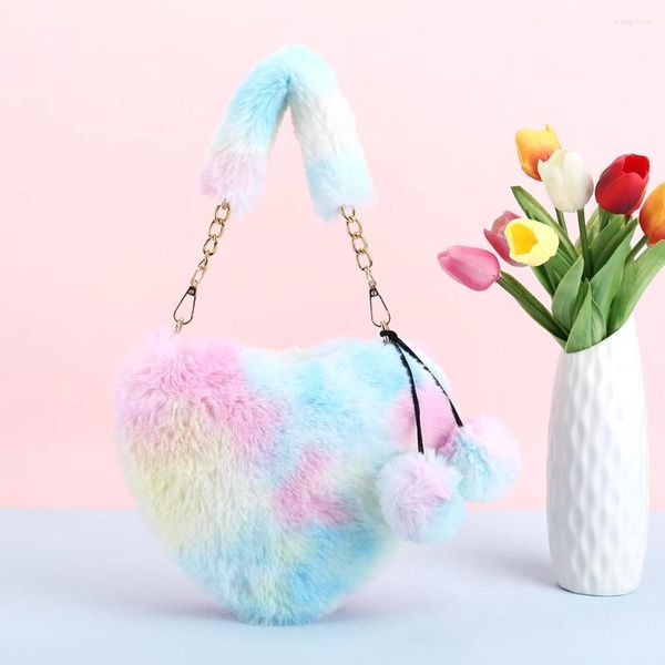 Saco feminino fofo bolsa de telefone tie dye amor coração bolsa cor gradiente fuzzy crossbody pelúcia axilas inverno viajar