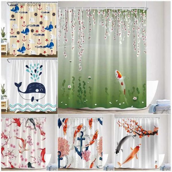 Cortinas de chuveiro flores carpa cortina de chuveiro dos desenhos animados baleia koi peixe coral plantas japonês flor de cerejeira barh cortinas tecido decoração do banheiro conjuntos y240316