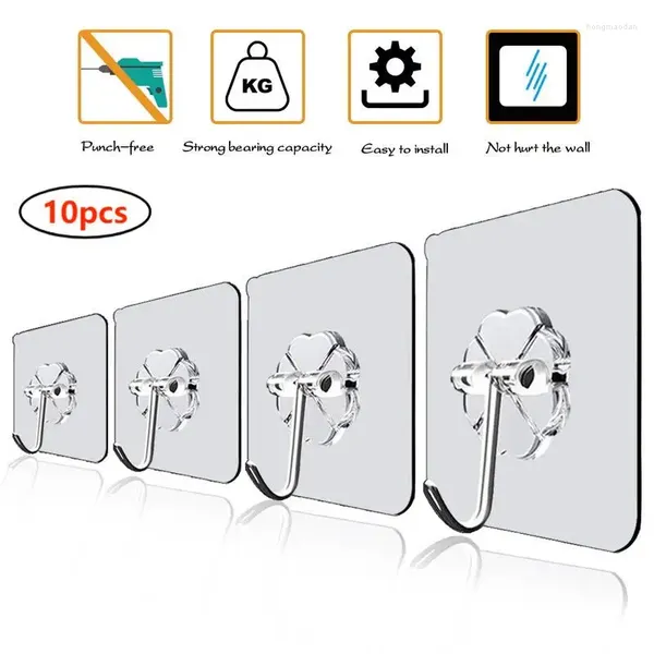 Sacos de armazenamento 10pcs transparente de aço inoxidável forte ganchos autoadesivos porta parede multi-função rack de carga para cozinha banheiro