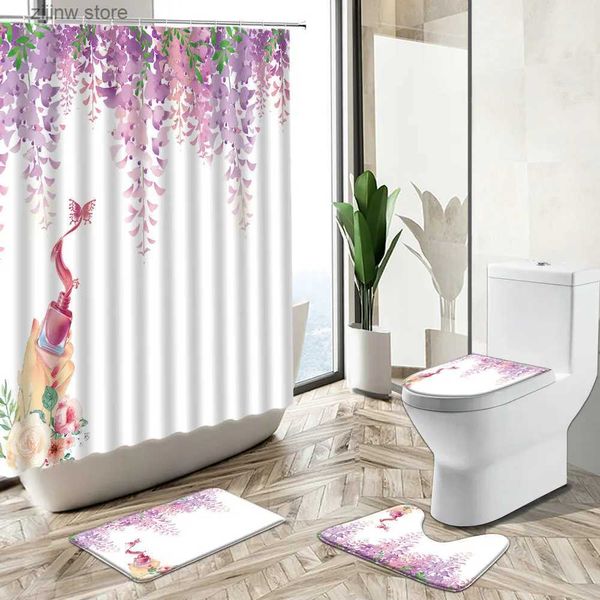 Tende da doccia Fiore viola Rattan Pianta Scenario Tenda da doccia Primavera floreale Tappeto antiscivolo Copriwater Tappetino da bagno Casa Ragazza Bagno Decor Set Y240316