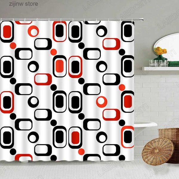 Cortinas de chuveiro criativas geométricas cortinas de chuveiro preto vermelho xadrez redondo moderno minimalismo tecido de poliéster cortina de banho decoração de banheiro ganchos y240316