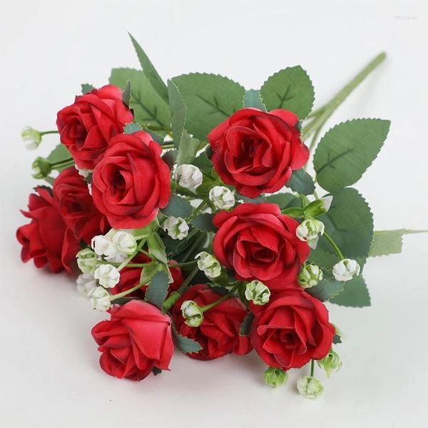 Dekorative Blumen, künstlicher Blumenstrauß, weiße rote Rose, Hochzeitsdekoration, Pfingstrose, Braut mit gefälschter Blume für Party-Requisiten, festliche Heimdekoration