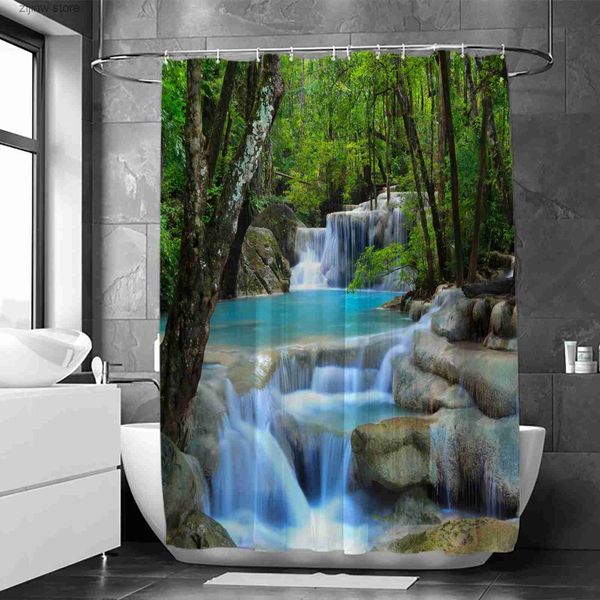 Tende da doccia 1 pz Mountain Creek Acqua Tenda da bagno impermeabile Estate Fresca Foresta Albero Acqua Decorazione del bagno con 12 ganci in plastica Y240316