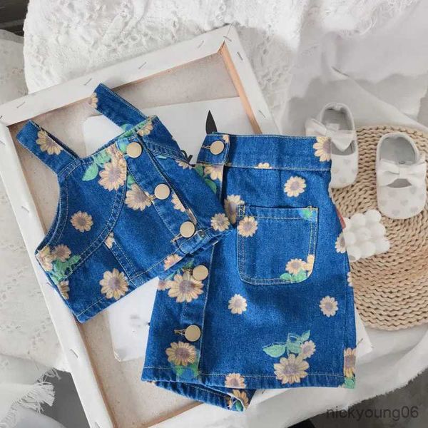 Conjuntos de roupas meninas terno verão novo 2021 denim saia floral estilo europeu e americano colete + saia curta conjuntos de roupas de duas peças