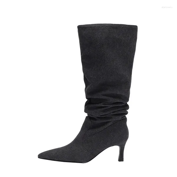 Stiefel Berühmte Marke Schwarz Grau Dünne High Heels Botas Mujer Mode Schuhe Frauen Plissee Design Stiletto Slivery Kniehohe Prägnante