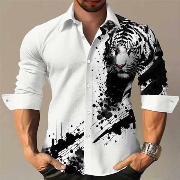 Herren-Freizeithemden, Herren-Revershemd, Knopf, Luxus, Party, Freizeit, Party, Tiger, Adler, HD-Muster, karierte Streifen, Mode, Sport, bequemes SofttopC24315