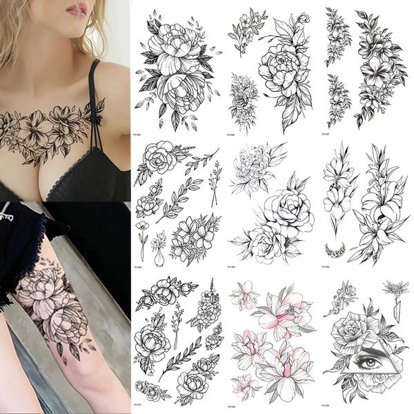 1020 pezzi tatuaggi temporanei per ragazze di fiori di peonia rosa per le donne adesivi tatuaggio nero impermeabile fiore signora spalla tatuaggi fai da te 240311