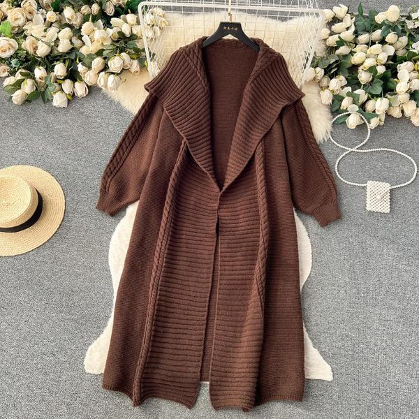 Malhas femininas estilo preguiçoso cardigans de malha outono lapela manga comprida sólido solto suéteres feminino casual tricô outwear casaco