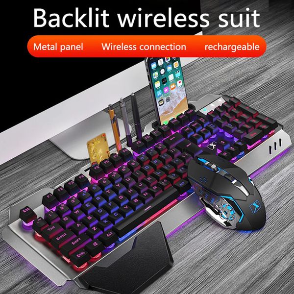 K680 Kabellose mechanische Gaming-Tastatur und Maus-Set, RGB-Hintergrundbeleuchtung, Metallpanel, wiederaufladbare Gamer-Maus, wasserdichtes Tastatur-Set 240304
