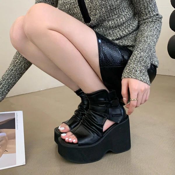 Sandálias Botas de Tornozelo Preto Punk Cunhas Sapatos para Mulheres Verão Rock Peep Toe Plataforma Saltos Bottines Femme