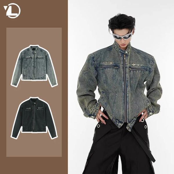 Jaqueta jeans masculina com zíper, design de metal, desgastado, lavado, jaqueta curta, vintage, tendência, emendada, roupa externa masculina 240314