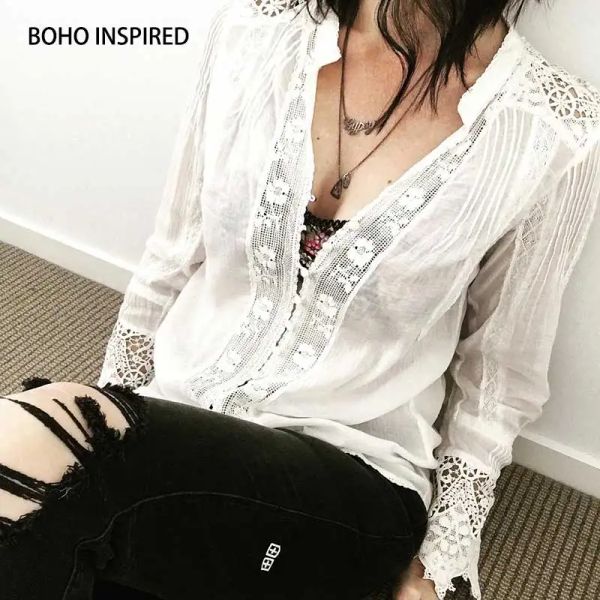 Camiseta boho inspirado blusa de algodão branco renda floral bordado camisa feminina solta estilo boho vneck manga longa túnica sexy topos