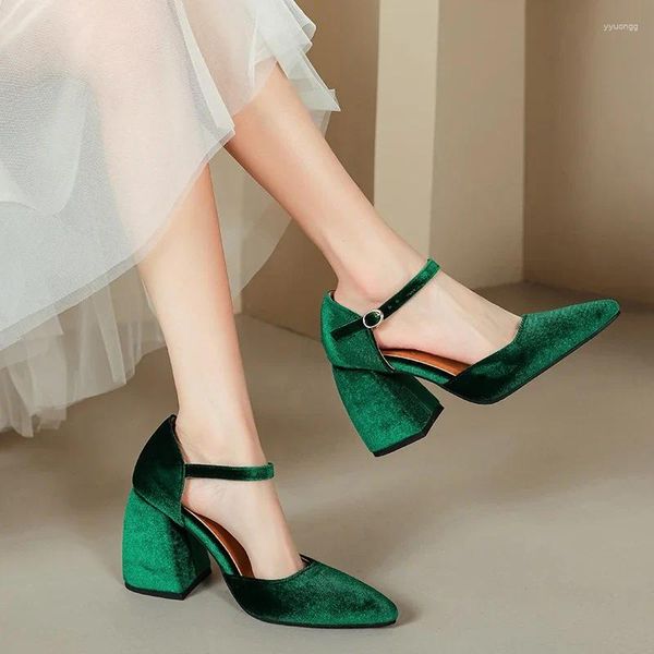 Модельные туфли, элегантные бархатные женские туфли на высоком каблуке, 2024 г., пикантные туфли с ремешками на щиколотке, черные, зеленые, женские вечерние туфли-лодочки на остром каблуке, женские 45