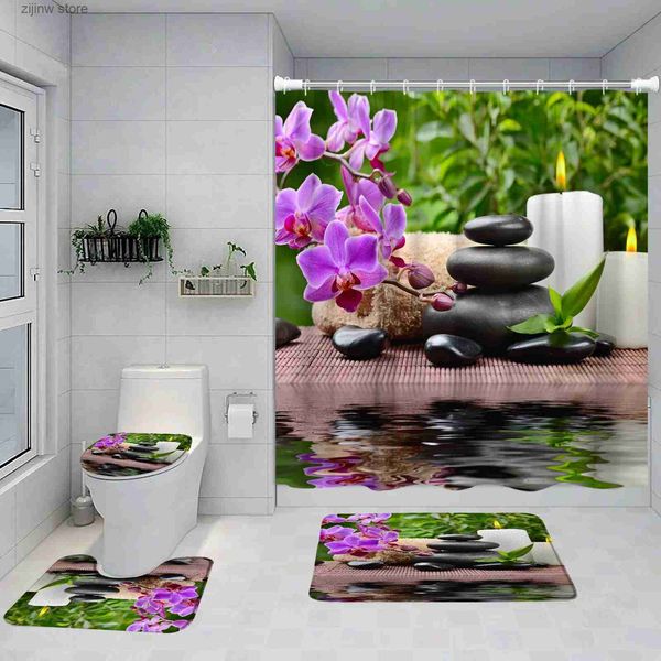 Tende da doccia Set tenda da doccia Zen Viola Orchidea Pietra nera Verde Bambù Giardino Scenario Arredamento bagno Tappeto antiscivolo Tappetini da bagno Copriwater Y240316