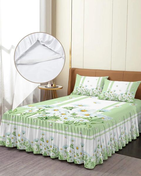 Gonna da letto Fiori estivi Margherite Copriletto elasticizzato verde acquerello con federe Coprimaterasso Set lenzuolo