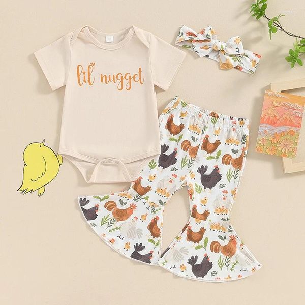 Set di abbigliamento Born Baby Girl Farm Outfit Little Nugget Pagliaccetto a maniche corte con stampa di pollo Set di pantaloni a campana