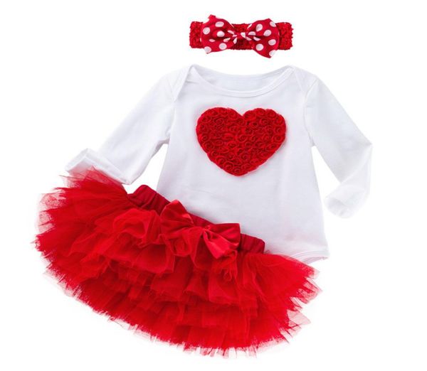 3pcs Yenidoğan Bebek Kız Giyim Kafa Bebek Bebek Sevgililer Günü Kıyafet Kırmızı Gül 3d Gül Çiçekleri Tutu Elbise 6 Katmanlı Ruff8016037