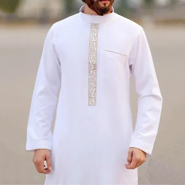 Abbigliamento etnico 2024 Abito da uomo arabo Abaya Bianco Abito lungo stampato musulmano per uomo Regalo Caftano