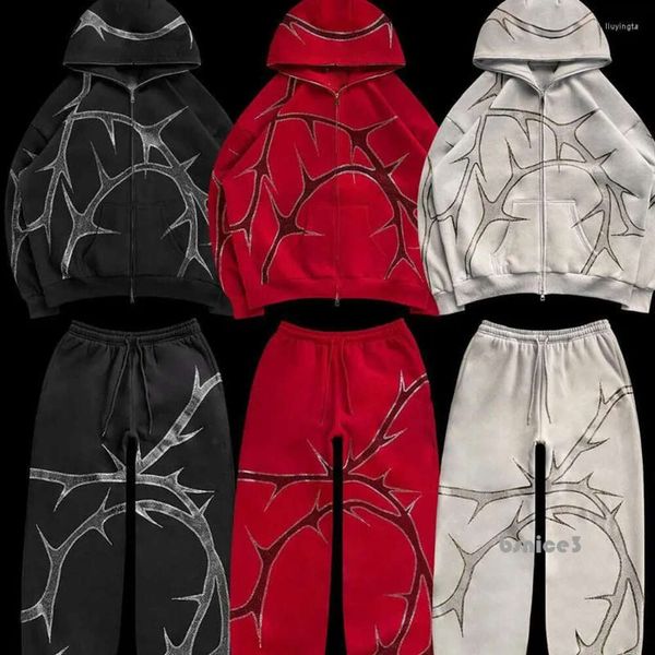 Tracksuits masculinos strass impressão completa zip hoodie solto conjunto homens moda streetwear y2k gótico hip hop sweatshirts roupas 5837