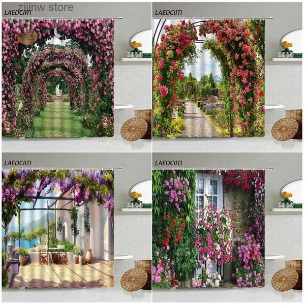 Cortinas de chuveiro natureza jardim cortinas de chuveiro rosa flor vermelha planta vintage tijolo parede parque cena moderna tecido decoração casa banheiro conjuntos ganchos y240316