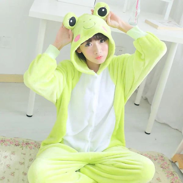 Nachtwäsche Winter Warm Flanell Langarm Cartoon Pamas Set Cosplay Tier Pyjamas Anzug Nachtwäsche Damen Niedliche Frosch Jumpsuits Nachtwäsche