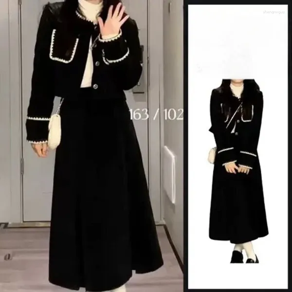 Vestido de duas peças socialite 2024 primavera e outono feminino retro terno jaqueta pluse tamanho gordo mm 100kg moda elegante casaco longo saia de duas peças