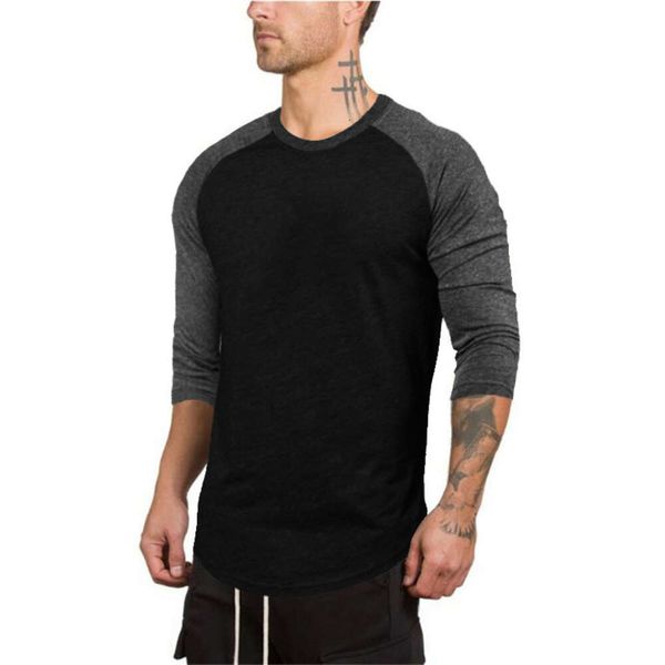 Açık tabak düz renkli saf pamuklu erkekler ince fit 3/4 kollu raglan tişört yuvarlak boyunlu kontrast spor fitness hip hop moda sonbahar