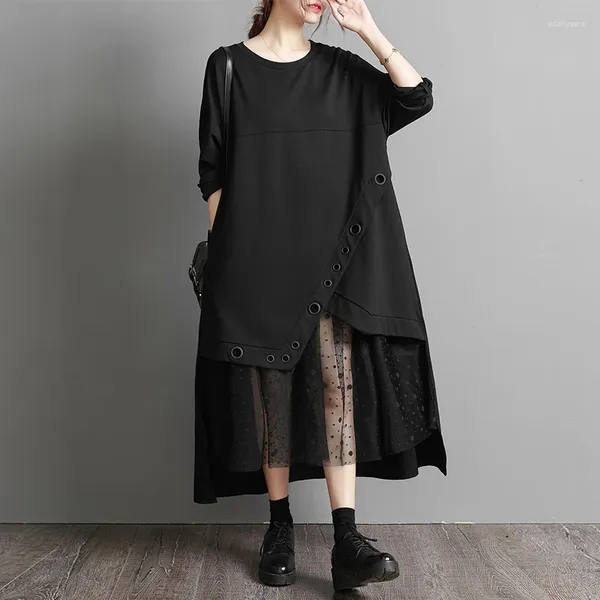 Vestidos casuais japonês yamamoto estilo preto escuro retalhos malha irregular chique vintage outono vestido rua moda feminina primavera